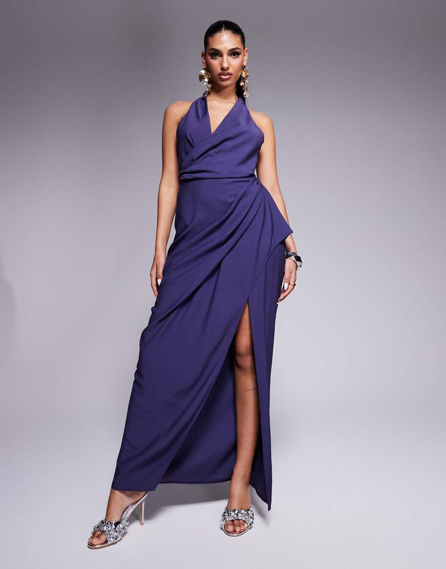 ASOS DESIGN - Strukturiertes Maxikleid in Indigoblau mit tiefem Wickelausschnitt und drapiertem Rockteil von ASOS DESIGN