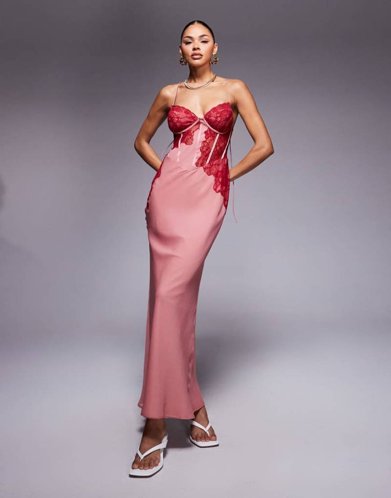 ASOS DESIGN - Strukturiertes Maxikleid in Rosa mit Korsett und Spitzendetail von ASOS DESIGN