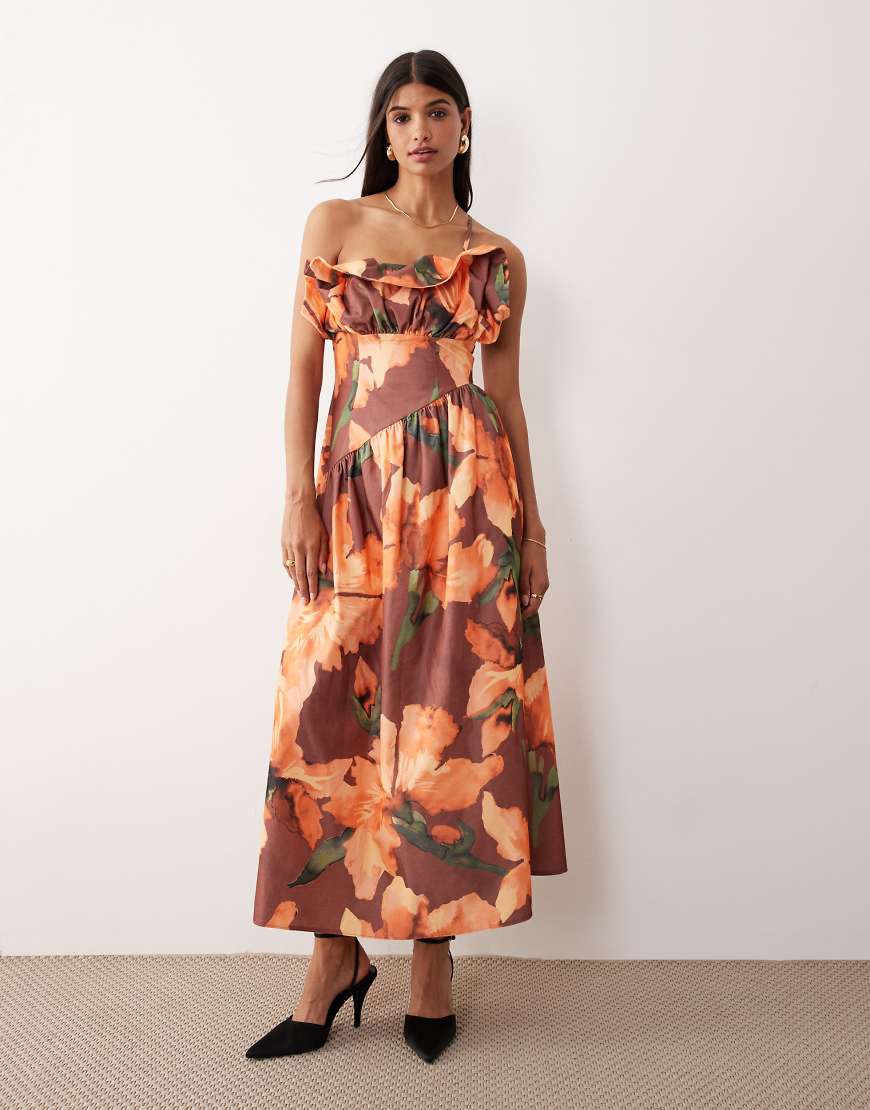 ASOS DESIGN - Strukturiertes Midikleid in Dunkelorange mit Rüschen am asymmetrischen Dekolleté und Blumenmuster-Bunt von ASOS DESIGN