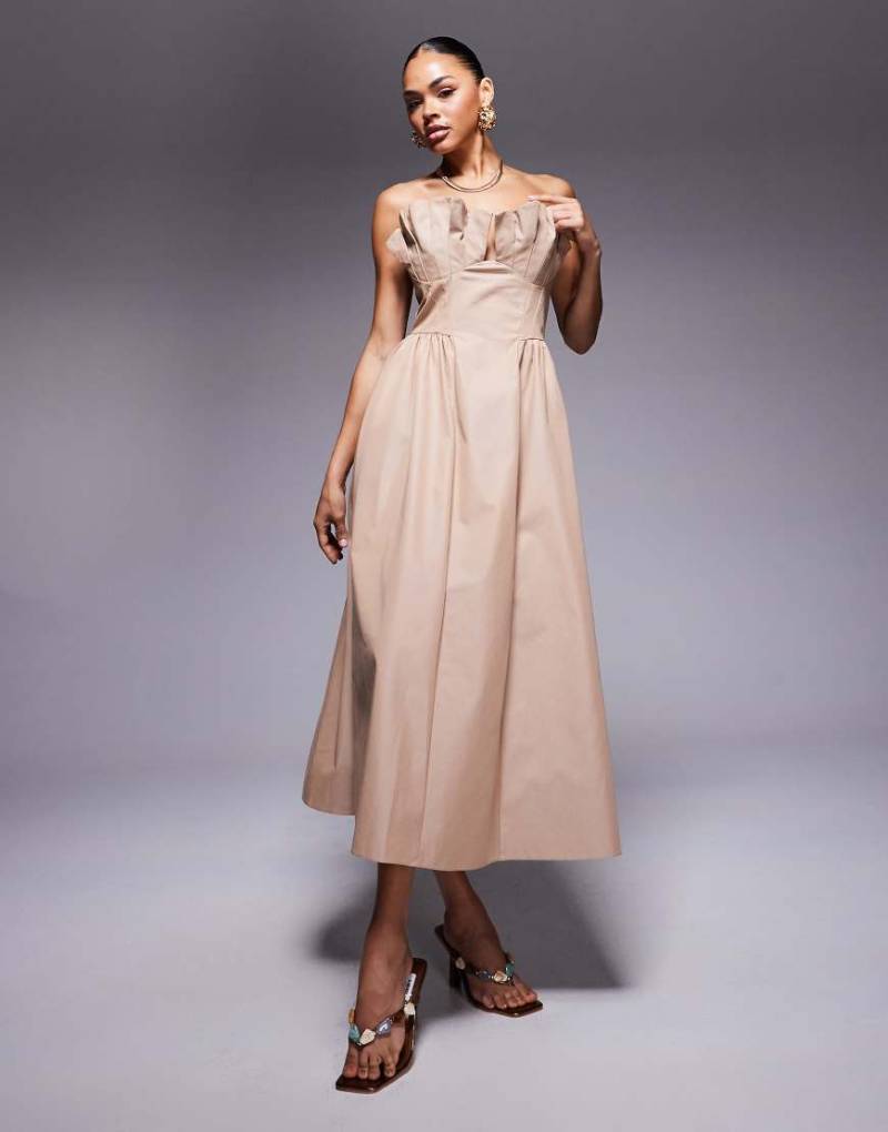 ASOS DESIGN - Strukturiertes Midikleid in Steinbeige mit Rüschen am Dekolleté-Neutral von ASOS DESIGN