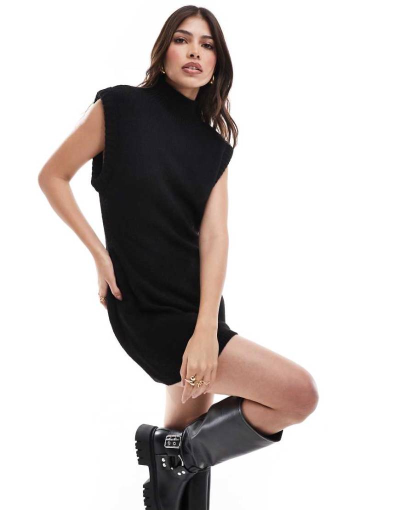 ASOS DESIGN - Strukturiertes Mini-Strickkleid in Schwarz mit hohem Ausschnitt von ASOS DESIGN