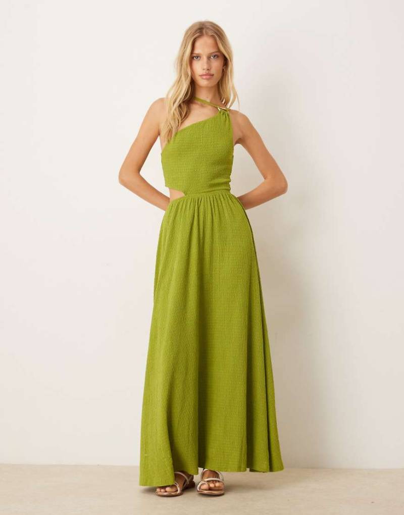 ASOS DESIGN - Strukturiertes One-Shoulder-Maxikleid in Olivgrün mit Zierausschnitt in der Taille und Metallverzierung von ASOS DESIGN