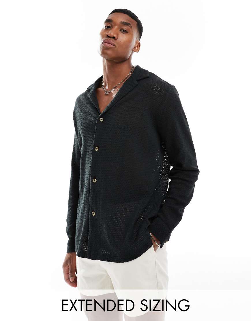 ASOS DESIGN - Strukturiertes Relaxed Fit Hemd in Schwarz mit tiefem Reverskragen-Weiß von ASOS DESIGN