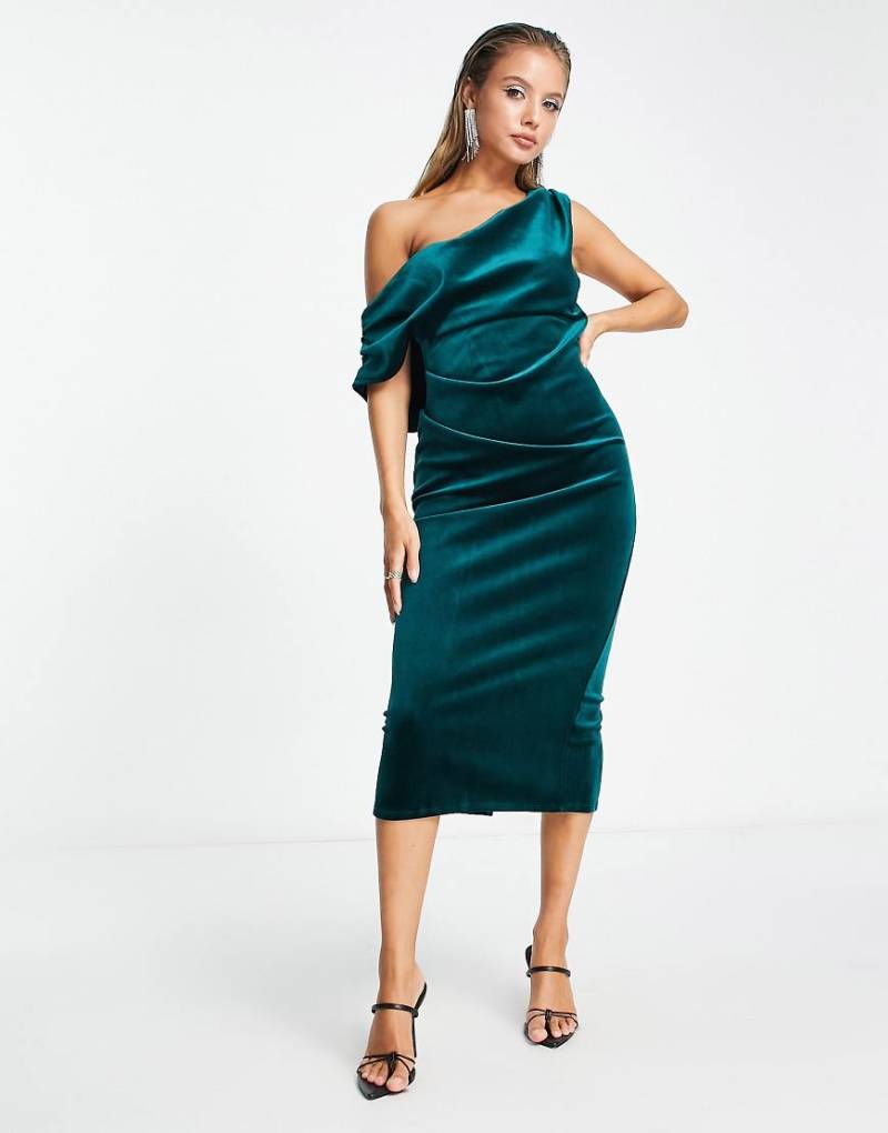 ASOS DESIGN - Strukturiertes Samt-Midikleid in Flaschengrün mit abfallender Schulterpartie und Faltendetail von ASOS DESIGN