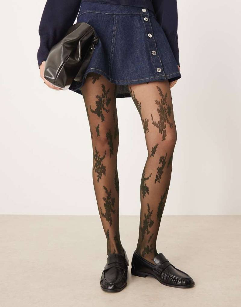 ASOS DESIGN - Strumpfhose aus Spitze in Dunkelgrün mit abstraktem großem Blumenmuster von ASOS DESIGN