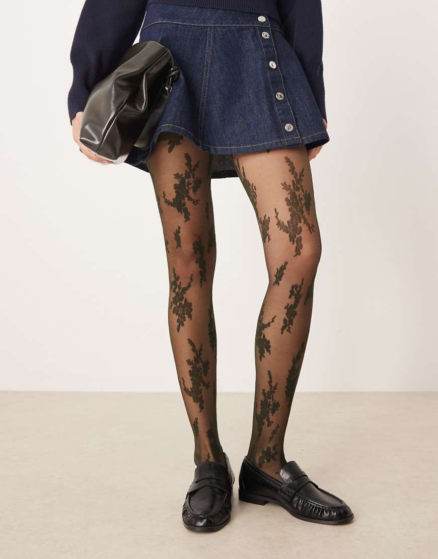 ASOS DESIGN - Strumpfhose aus Spitze in Dunkelgrün mit abstraktem großem Blumenmuster von ASOS DESIGN