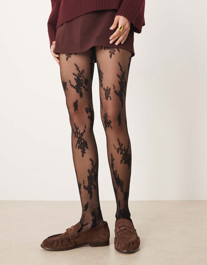 ASOS DESIGN - Strumpfhose aus Spitze in Schwarz mit abstraktem großem Blumenmuster von ASOS DESIGN