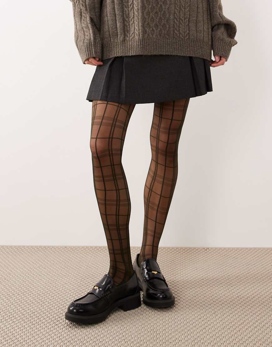 ASOS DESIGN - Strumpfhose in Dunkelgrün mit geradem Karomuster von ASOS DESIGN