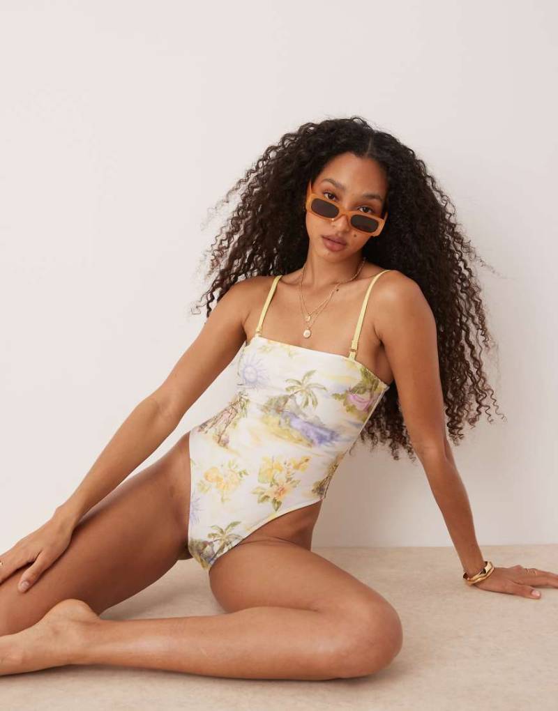 ASOS DESIGN - Sunny - Badeanzug in Gelb mit Tropenprint und abnehmbaren Trägern-Bunt von ASOS DESIGN