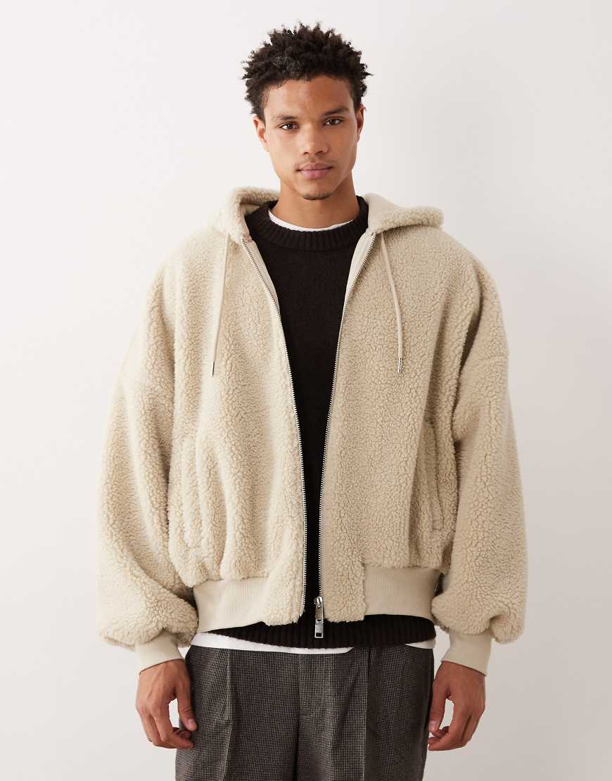 ASOS DESIGN - Super-Oversize-Kapuzenpullover aus Fleece in Beige mit kurzem Reißverschluss-Neutral von ASOS DESIGN