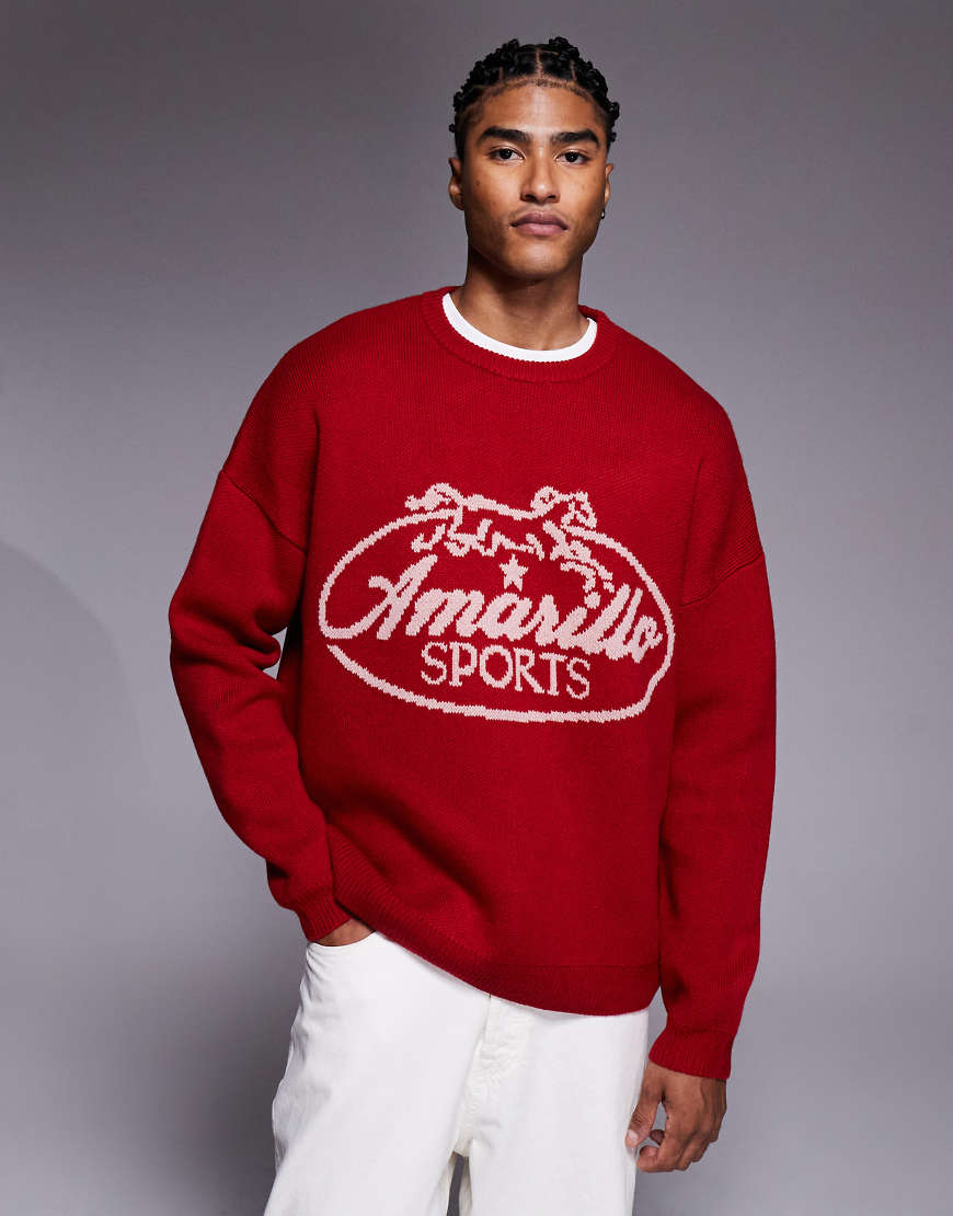 ASOS DESIGN - Super-Oversize-Strickpullover in Rot mit „Amarillo"-Schriftzug ASOS DESIGN - Super-Oversize-Strickpullover in Rot mit „Amarillo"-Schriftzug von ASOS DESIGN