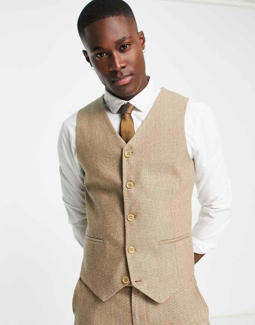 ASOS DESIGN - Supereng geschnittene Anzugweste aus Wollmix mit Fischgrätmuster in Steinbeige-Neutral von ASOS DESIGN