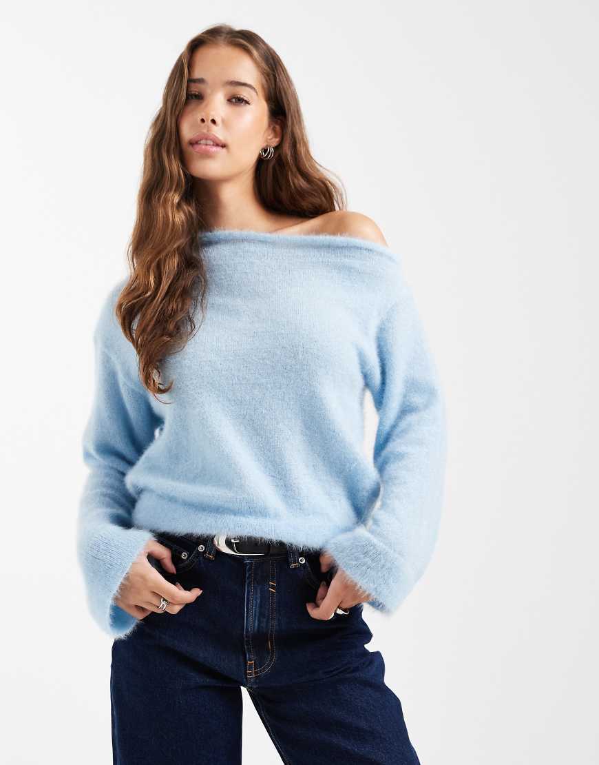 ASOS DESIGN - Superweicher, taillierter One-Shoulder-Strickpullover in Blau von ASOS DESIGN