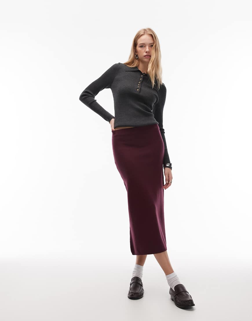 ASOS DESIGN - Maxirock aus Feinstrick in Weinrot mit 90er-Länge, Kombiteil-Lila von ASOS DESIGN