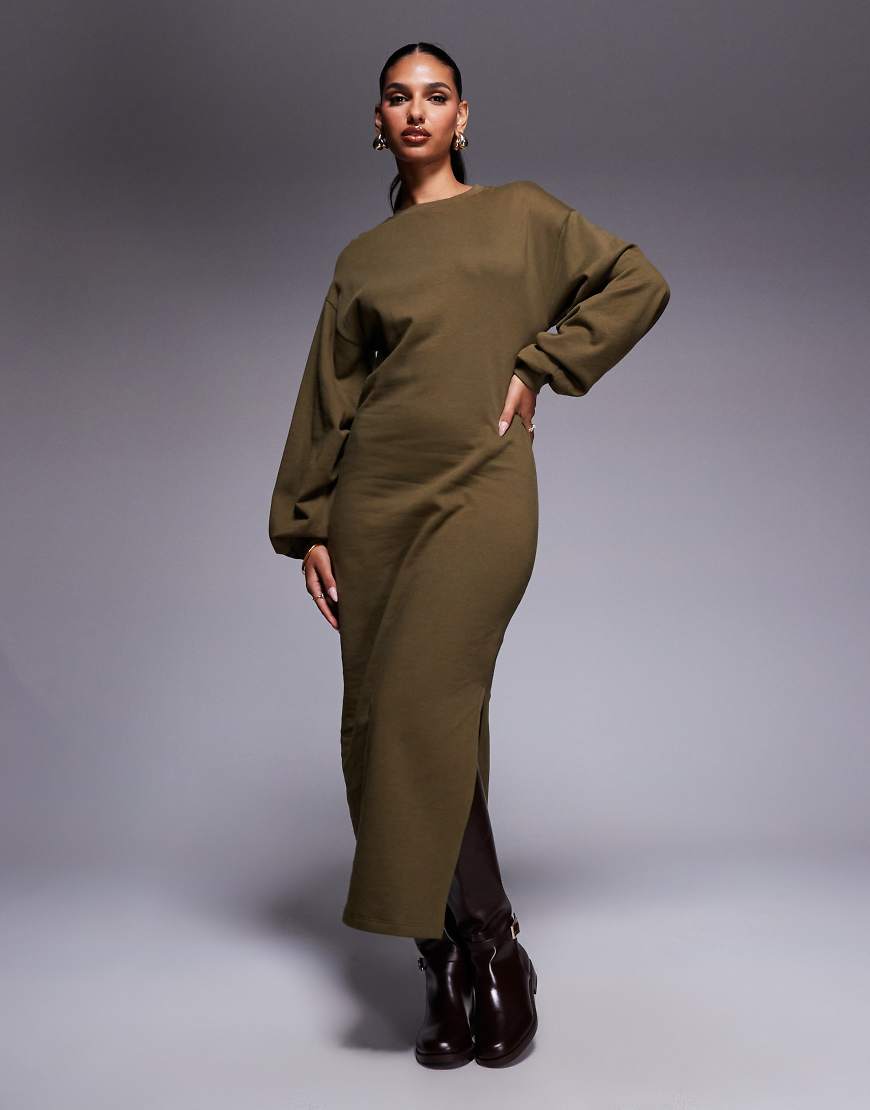 ASOS DESIGN - Sweatshirt-Midikleid aus Baumwolle in Khaki mit Ballonärmeln-Grün von ASOS DESIGN