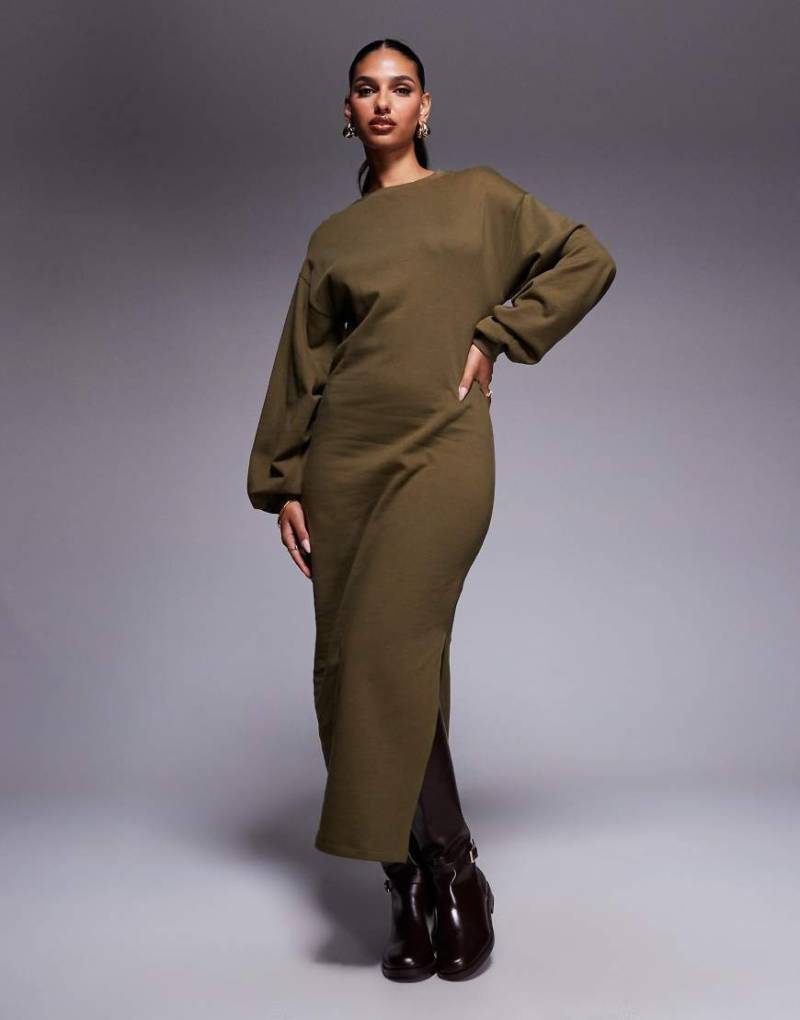 ASOS DESIGN - Sweatshirt-Midikleid aus Baumwolle in Khaki mit Ballonärmeln-Grün von ASOS DESIGN
