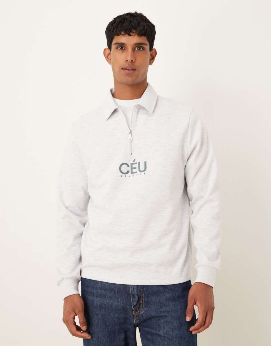 ASOS DESIGN - Sweatshirt aus Stoff im Neopren-Stil in meliertem Grau mit kurzem Reißverschluss und Print von ASOS DESIGN