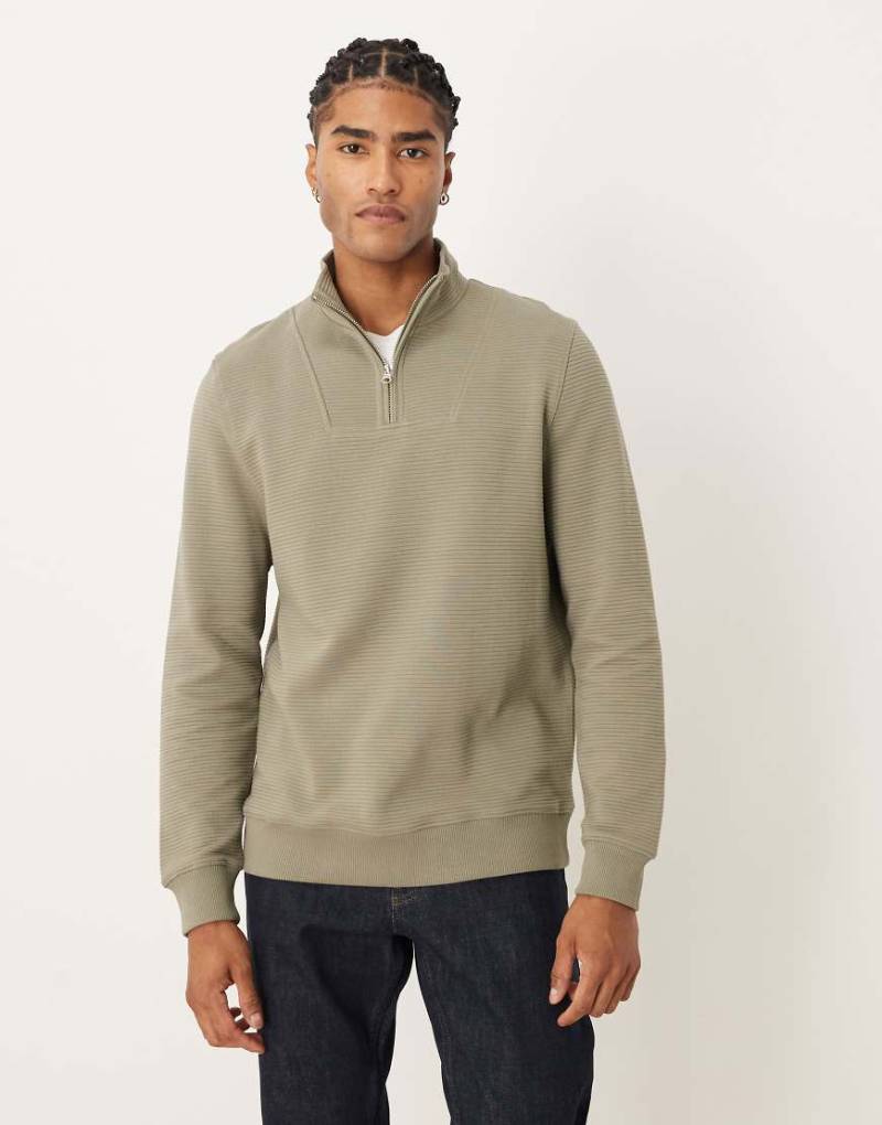 ASOS DESIGN - Sweatshirt in Grau mit kurzem Reißverschluss und geripptem Kragen-Grün von ASOS DESIGN