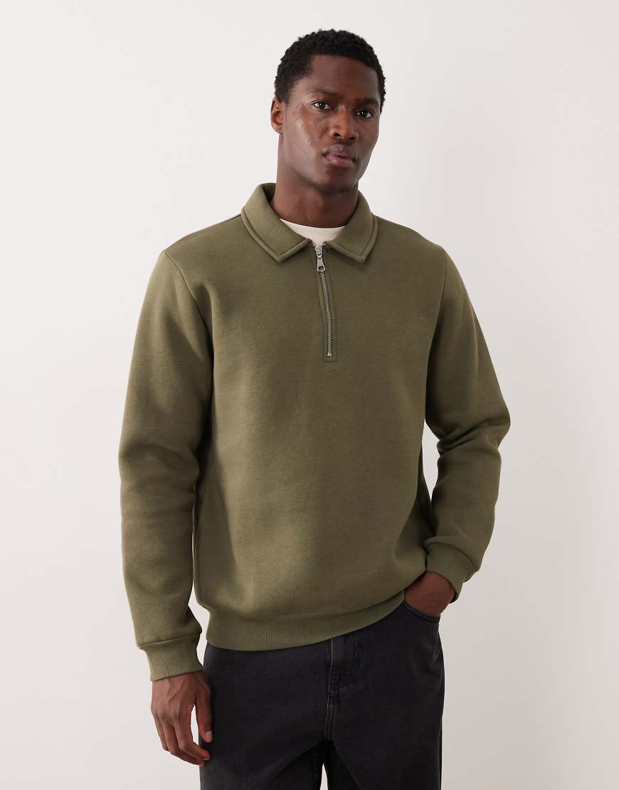 ASOS DESIGN - Sweatshirt in Grün mit Kragen und kurzem Reißverschluss von ASOS DESIGN