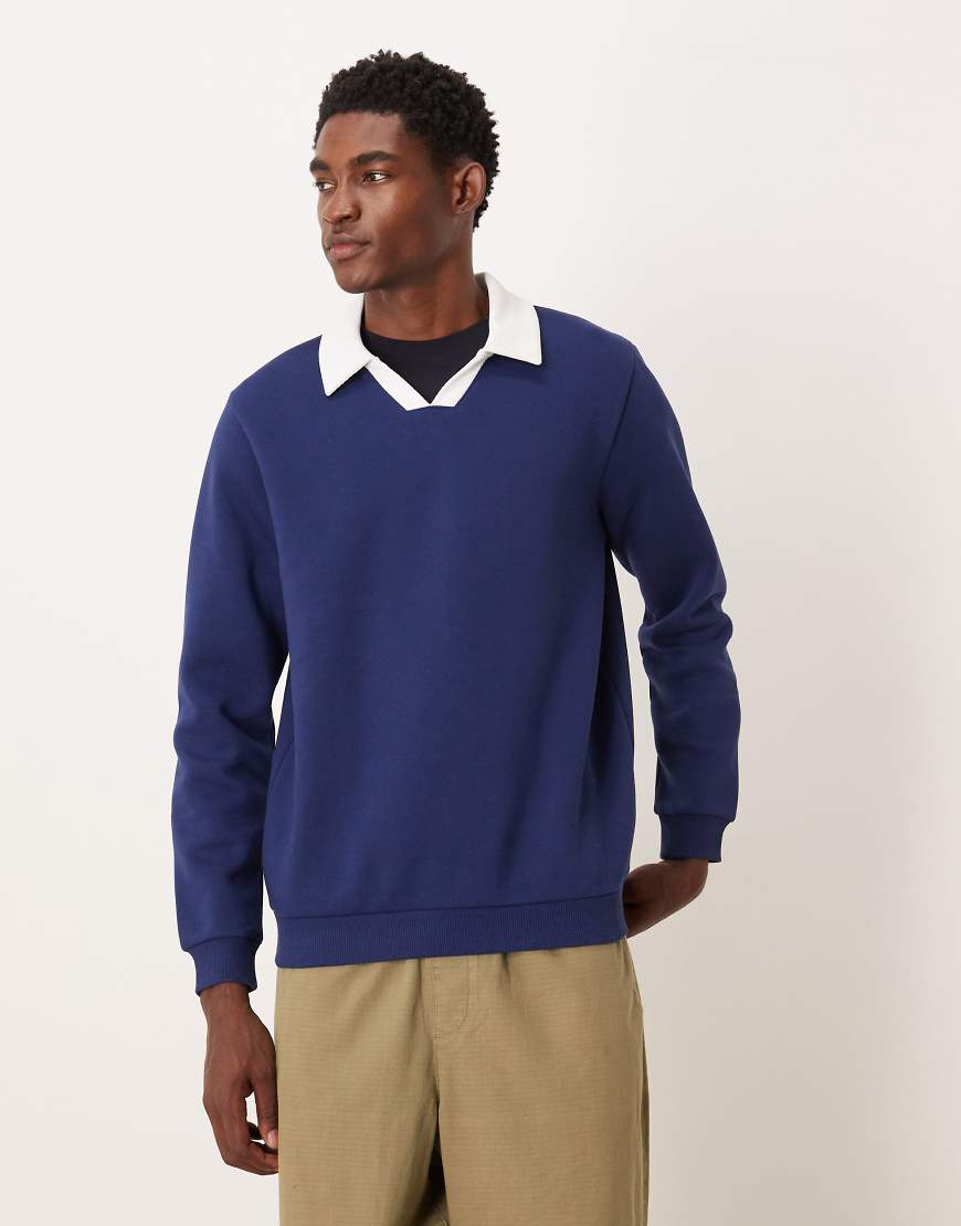 ASOS DESIGN - Sweatshirt in Navy mit geripptem Polokragen-Blau von ASOS DESIGN