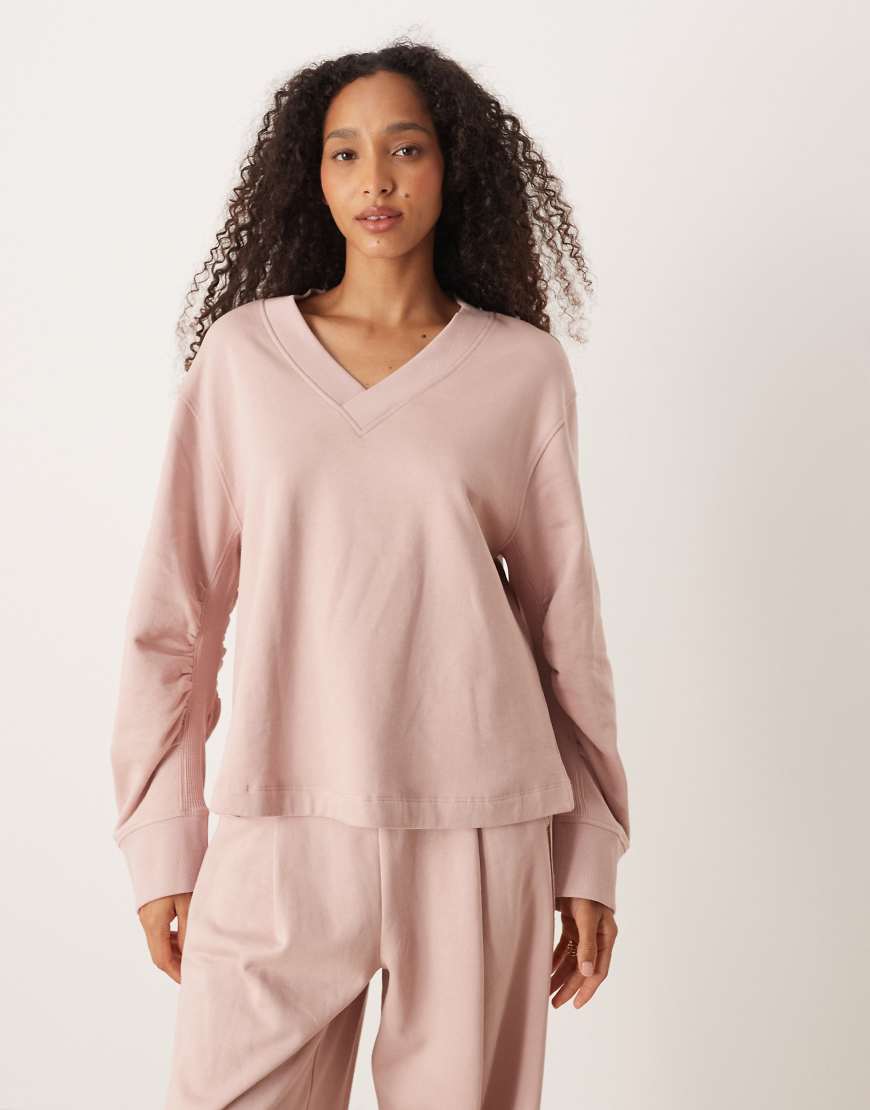 ASOS DESIGN - Sweatshirt in Rosa mit V-Ausschnitt und Waffelstruktur-Einsatz, Kombiteil von ASOS DESIGN
