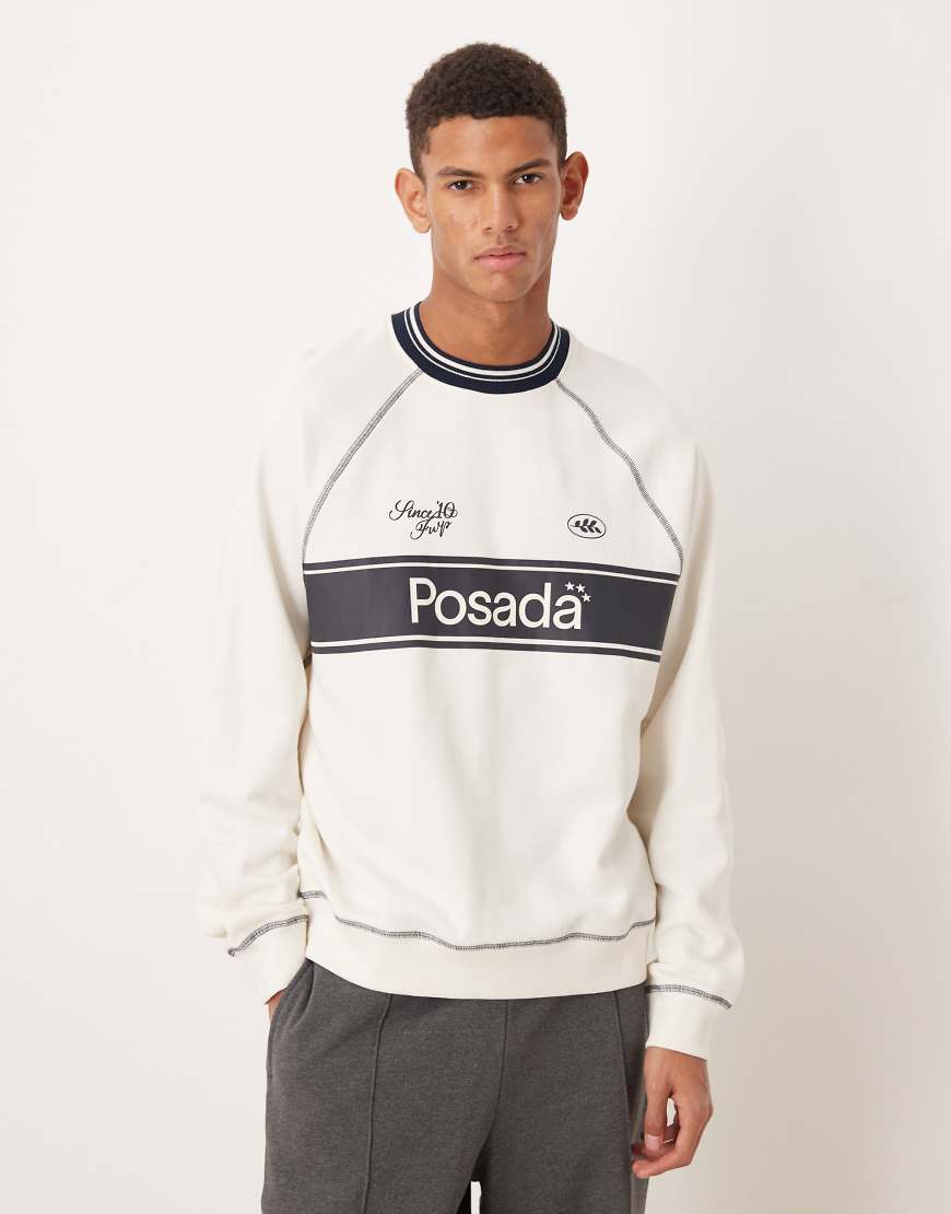 ASOS DESIGN - Sweatshirt in Wollweiß mit sportivem Streifenprint und kontrastierenden Nähten von ASOS DESIGN