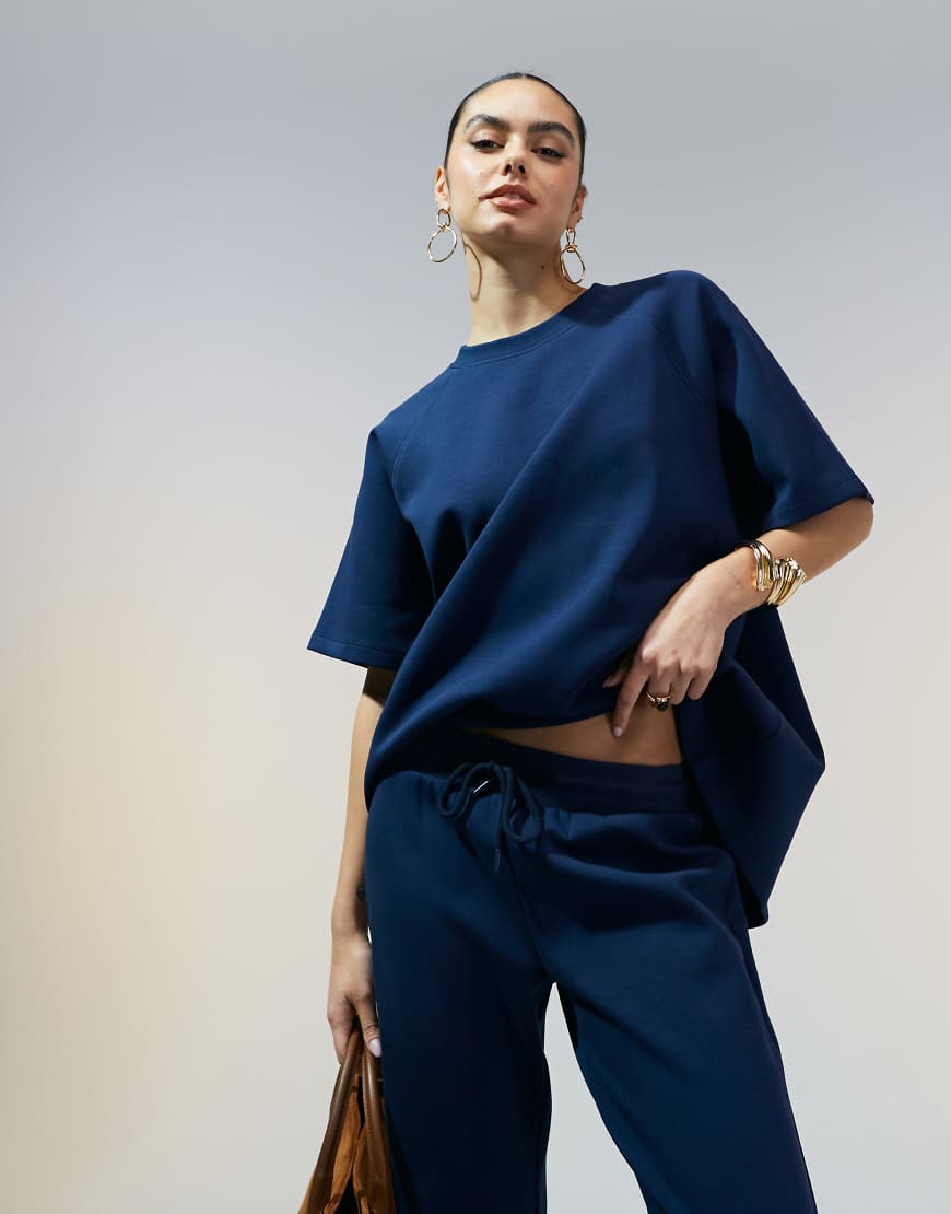 ASOS DESIGN - T-Shirt aus Interlock-Jersey in Marineblau mit Raglanärmeln, Kombiteil von ASOS DESIGN