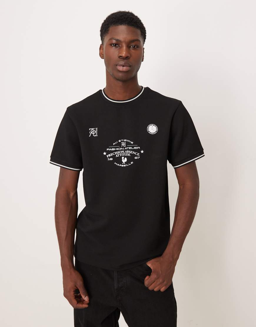 ASOS DESIGN - T-Shirt aus superschwerem Stoff in Schwarz mit kontrastierenden Abschlüssen und Sportprint von ASOS DESIGN