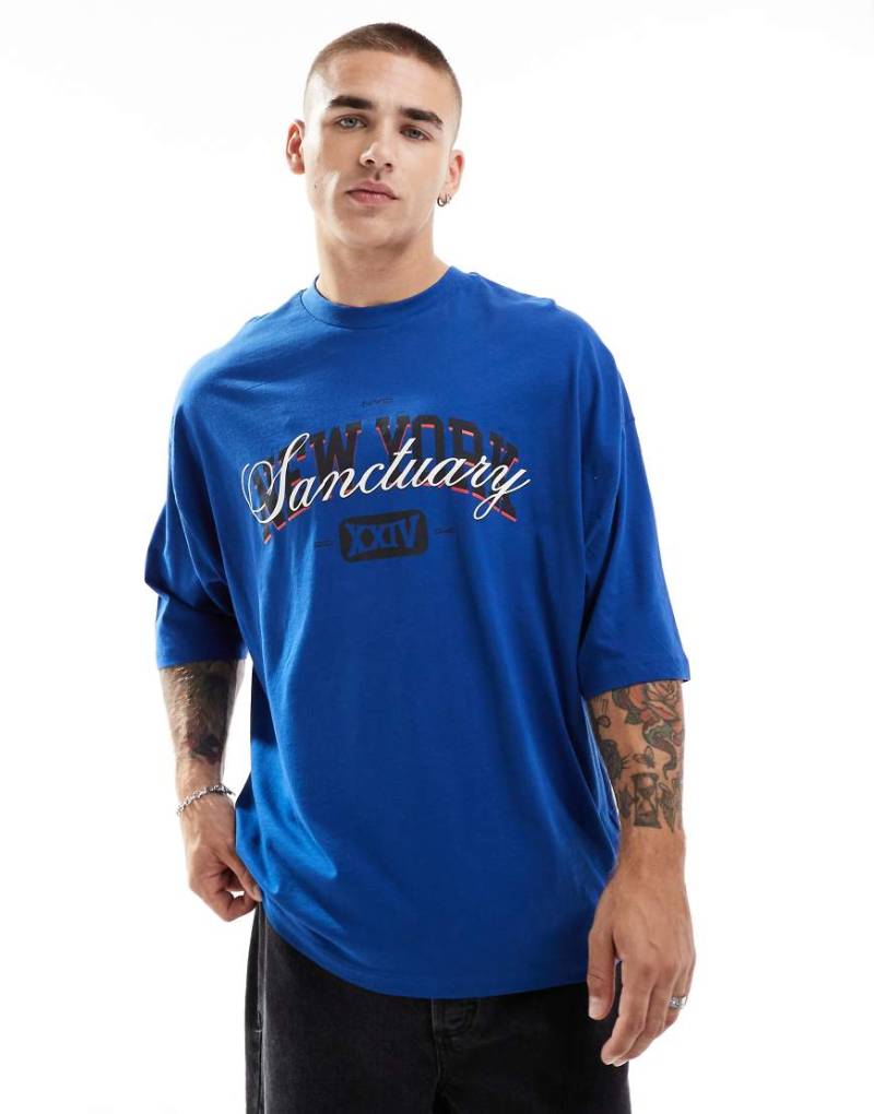 ASOS DESIGN - T-Shirt in Blau mit City-Front-Print und extremer Oversize-Passform von ASOS DESIGN