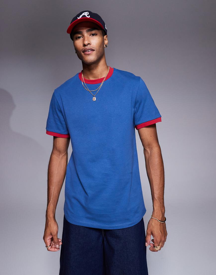ASOS DESIGN - T-Shirt in Blau mit Rundhalsausschnitt und Kontrast-Einfassung in Rot-Marineblau von ASOS DESIGN