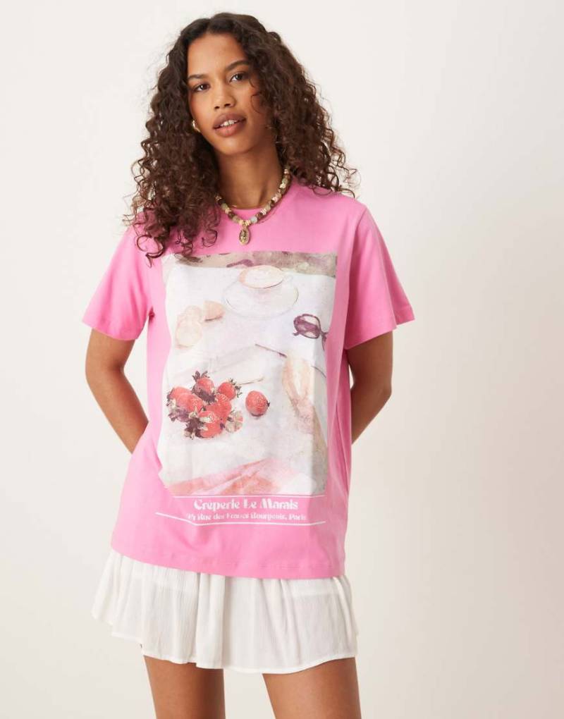 ASOS DESIGN - T-Shirt in Rosa mit Picknick-Grafik und regulärer Passform von ASOS DESIGN