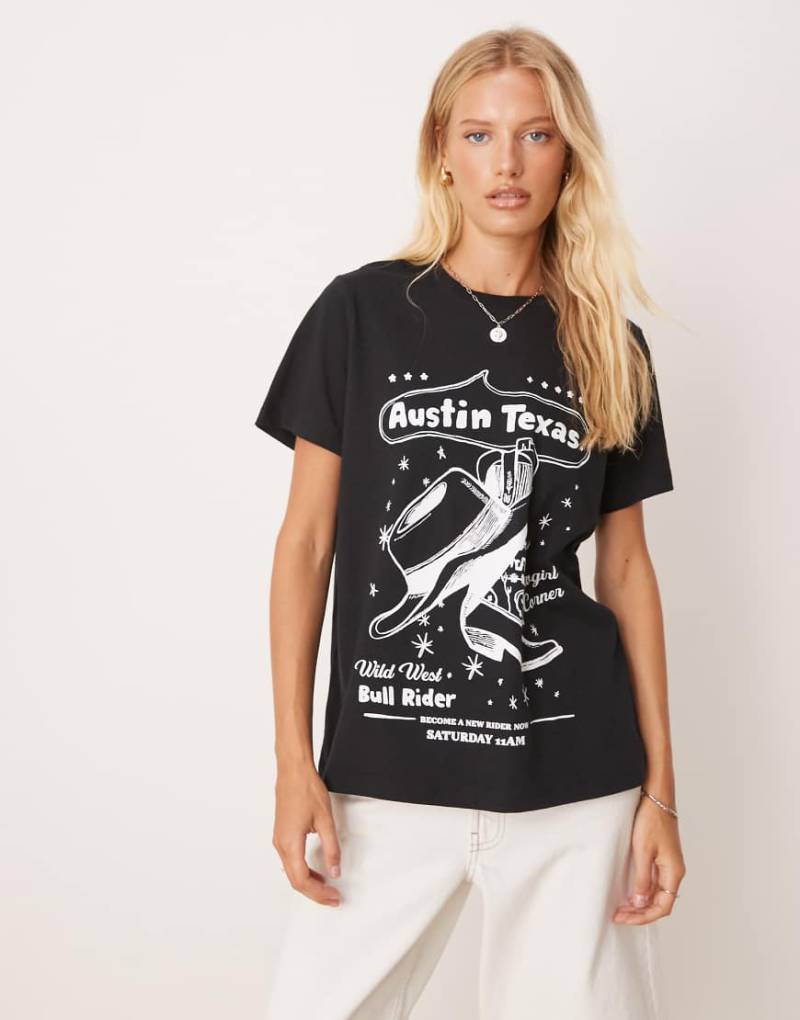 ASOS DESIGN - T-Shirt in Schwarz in regulärer Passform mit „Austin Texas"-Cowboy-Grafikprint von ASOS DESIGN