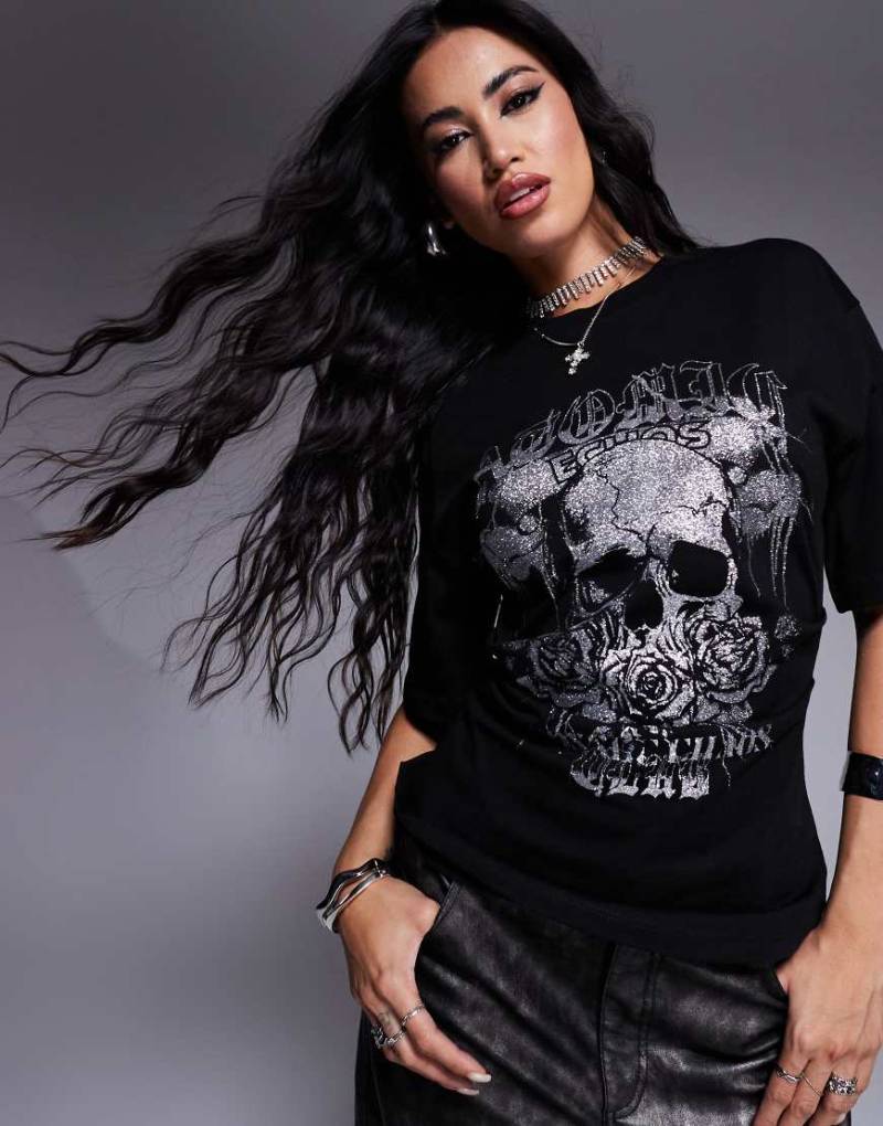 ASOS DESIGN - T-Shirt in Schwarz mit Hotfix-Totenkopf und Korsett-Detail in der Taille von ASOS DESIGN