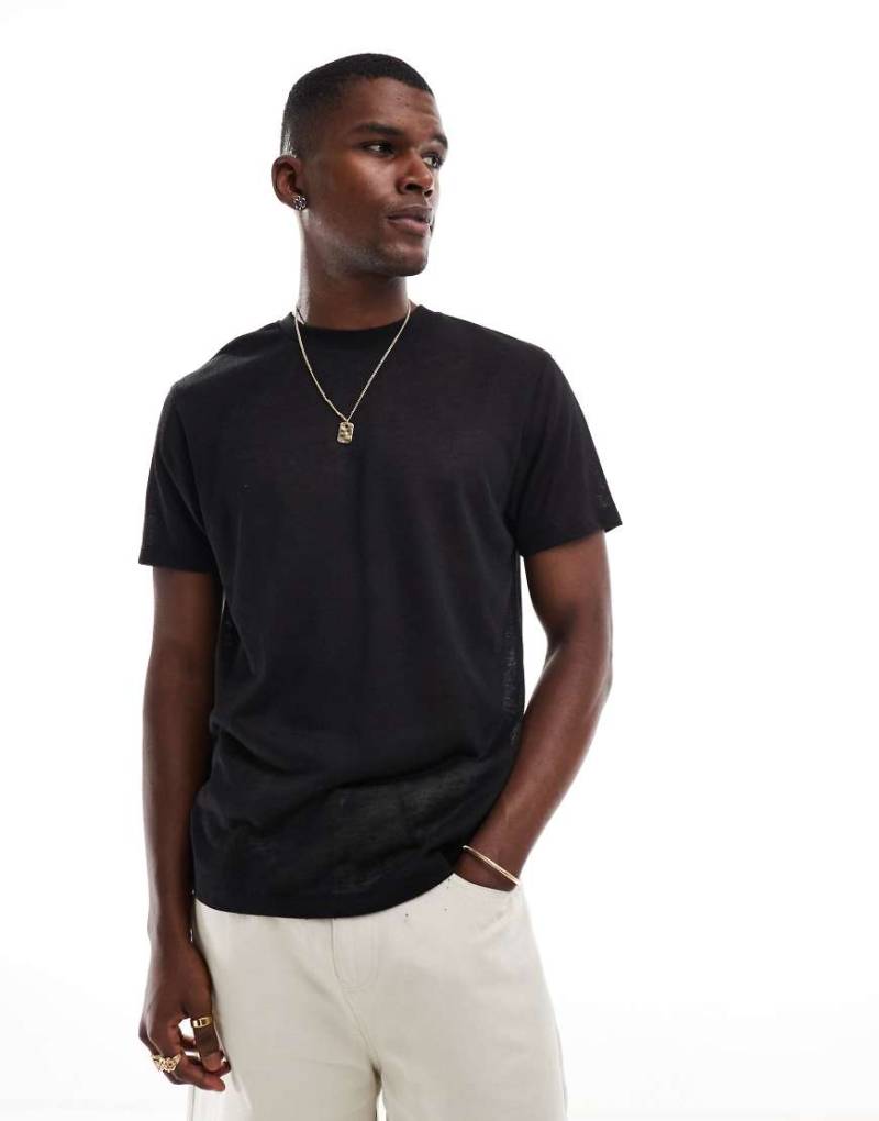 ASOS DESIGN - T-Shirt in schwarzer Leinenoptik mit Rundhalsausschnitt von ASOS DESIGN
