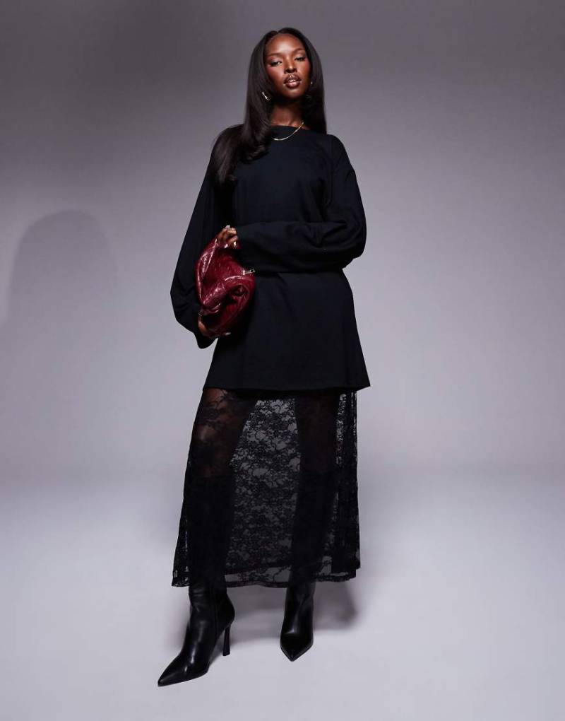 ASOS DESIGN - T-Shirt und Midirock aus Spitze in Schwarz im 2-in-1-Design von ASOS DESIGN