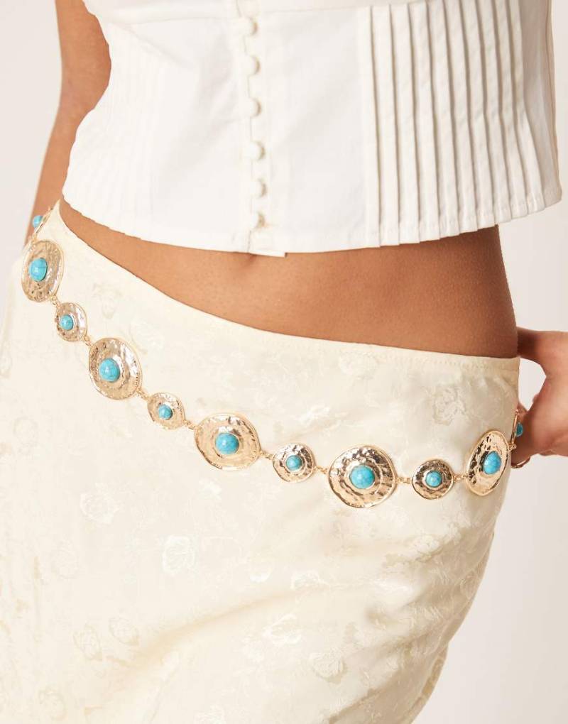 ASOS DESIGN - Taillen- und Hüftgürtel in goldfarbenem Ketten-Design mit eingesetzten türkisfarbenen Steinen von ASOS DESIGN