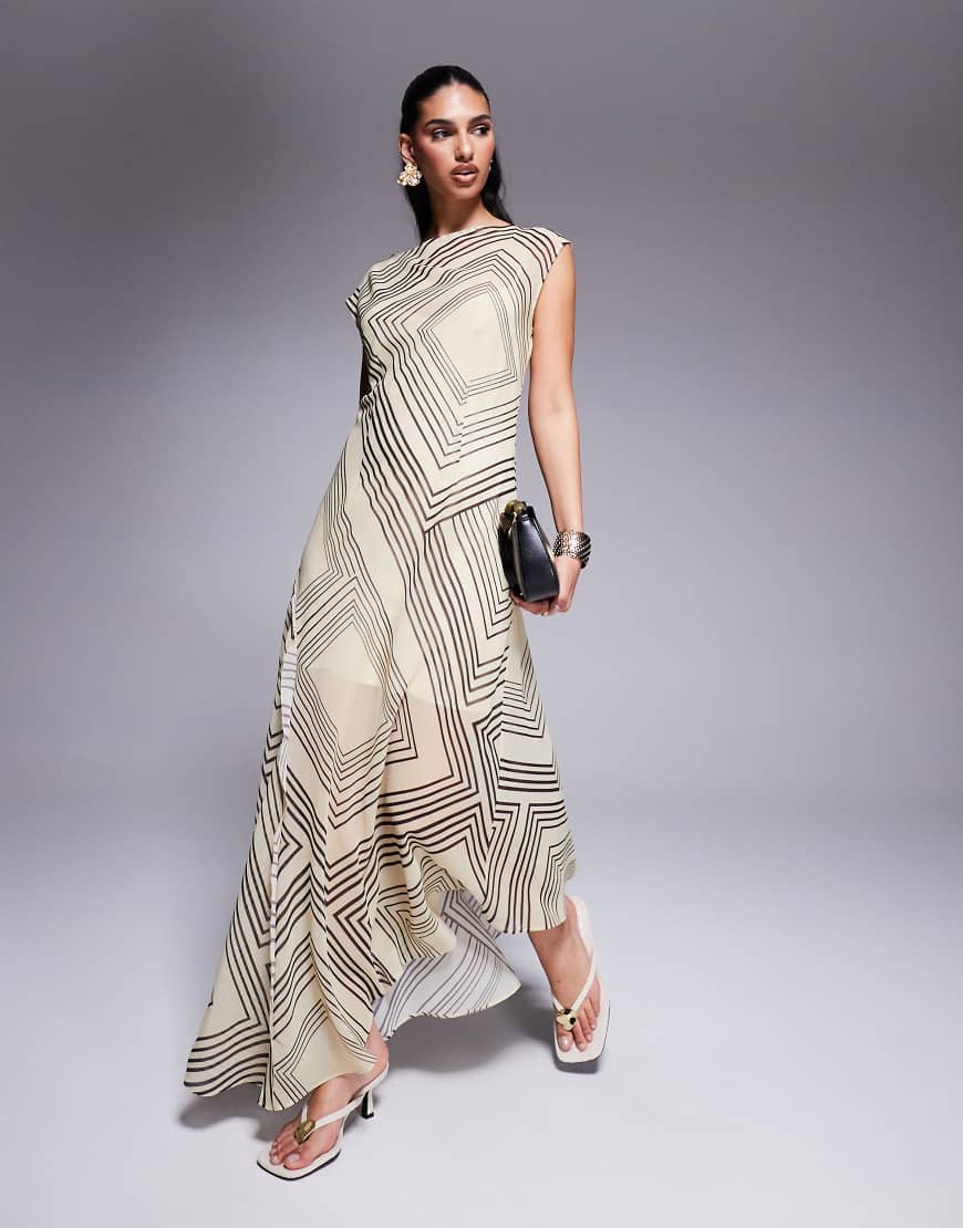 ASOS DESIGN - Tailliertes Maxikleid mit U-Boot-Ausschnitt und abstrakten Streifen-Bunt von ASOS DESIGN