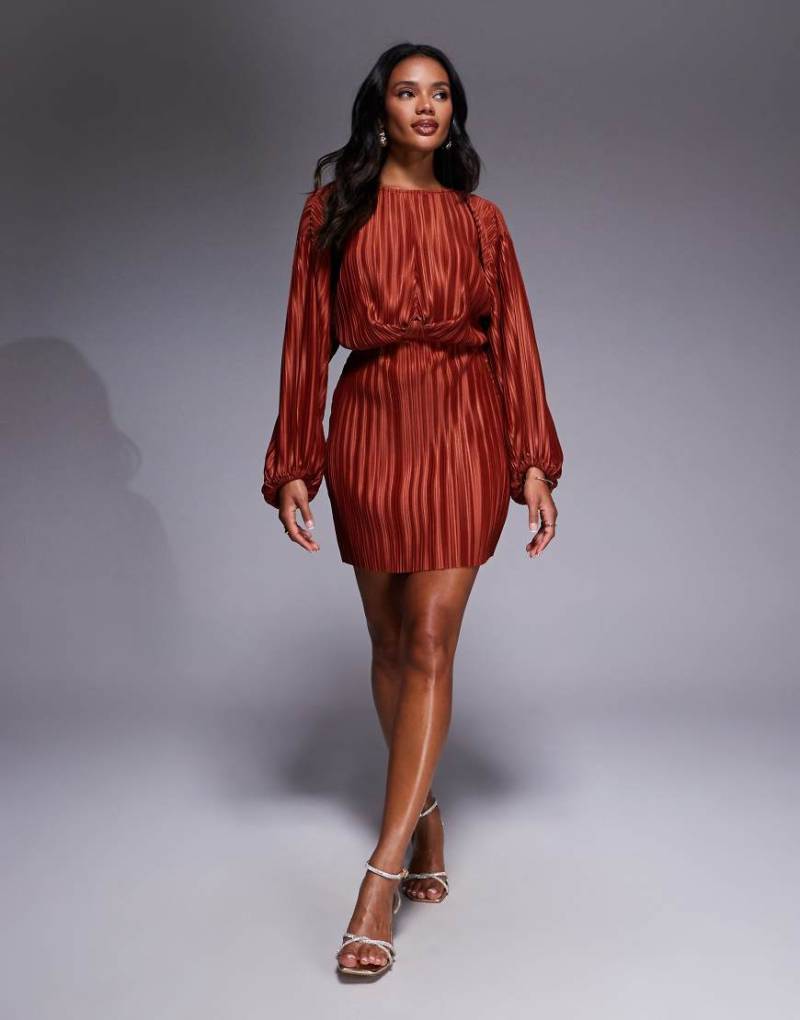 ASOS DESIGN - Tailliertes Plissee-Minikleid in Rostrot mit Blousonärmeln-Orange von ASOS DESIGN