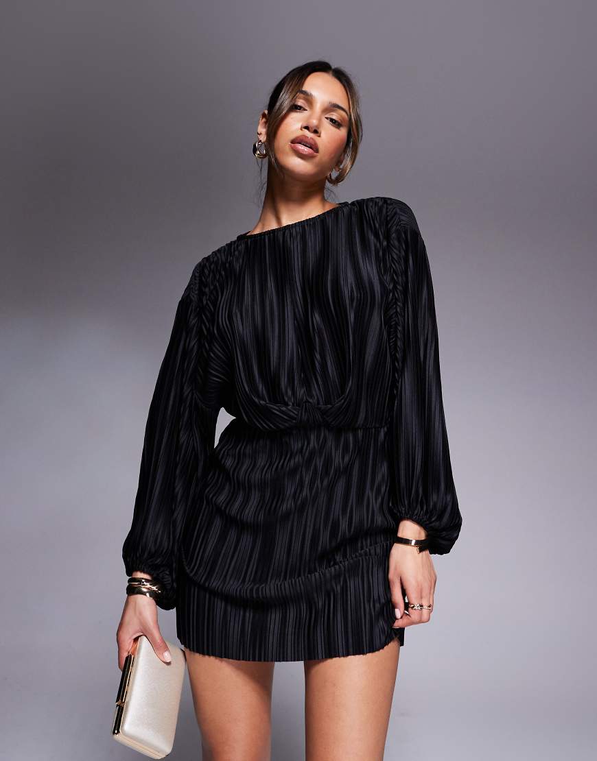 ASOS DESIGN - Tailliertes Plissee-Minikleid in Schwarz mit Blousonärmeln von ASOS DESIGN