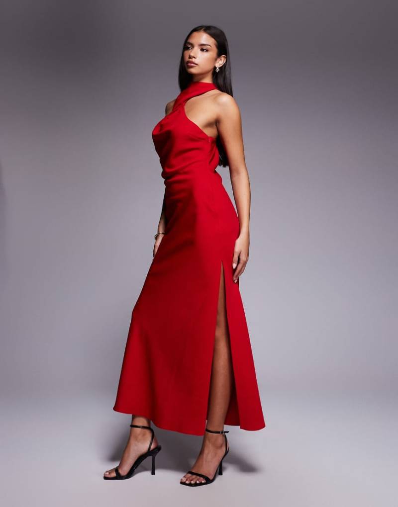 ASOS DESIGN Tall - Längeres Kleid in Kirschrot mit Metalldetail und verdrehtem Ausschnitt von ASOS DESIGN