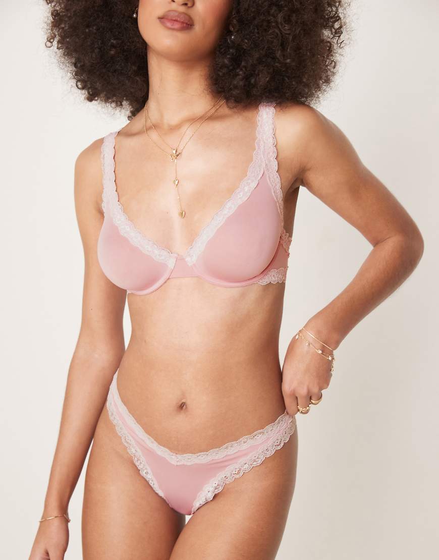 ASOS DESIGN - Tia - Superweicher Mikrofaser-Tanga in Rosa mit Spitzenborte ASOS DESIGN - Tia - Superweicher Mikrofaser-Tanga in Rosa mit Spitzenborte von ASOS DESIGN