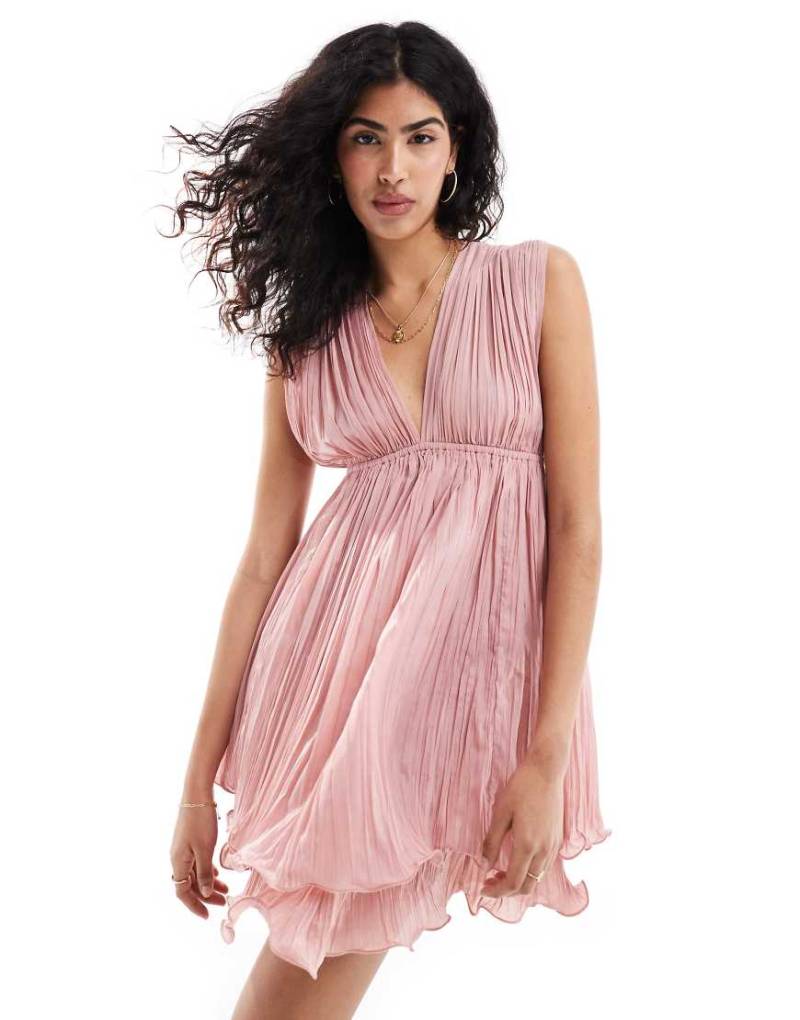 ASOS DESIGN - Tief ausgeschnittenes, plissiertes Mini-Skaterkleid in Altrosa von ASOS DESIGN