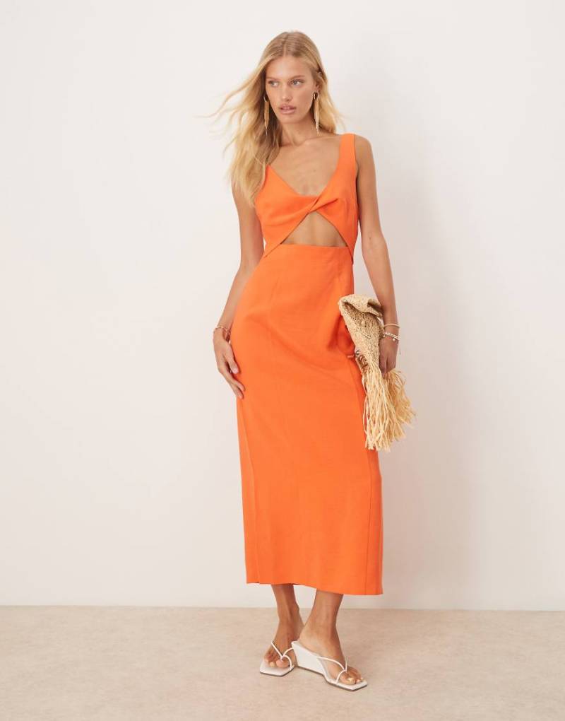 ASOS DESIGN - Träger-Midikleid in Orange mit verdrehtem Knotendetail an der Brust und Zierausschnitten ASOS DESIGN - Träger-Midikleid in Orange mit verdrehtem Knotendetail an der Brust und Zierausschnitten von ASOS DESIGN
