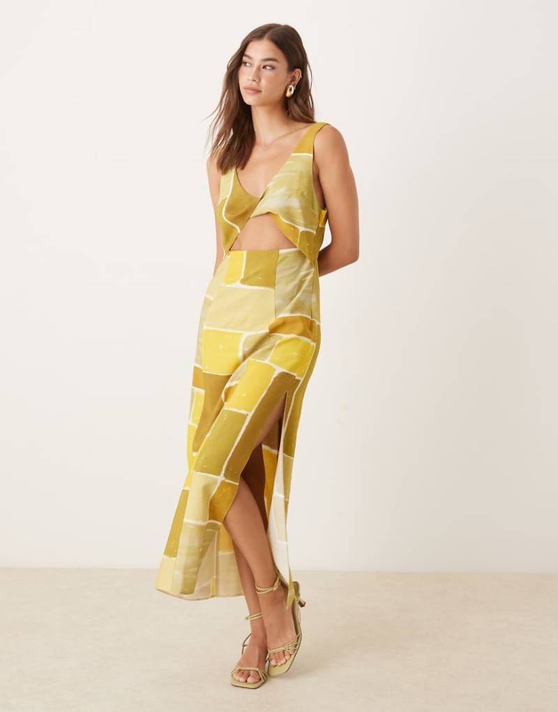 ASOS DESIGN - Träger-Midikleid mit abstraktem Rechteck-Print, verdrehtem Brust-Detail und Cut-out-Bunt von ASOS DESIGN