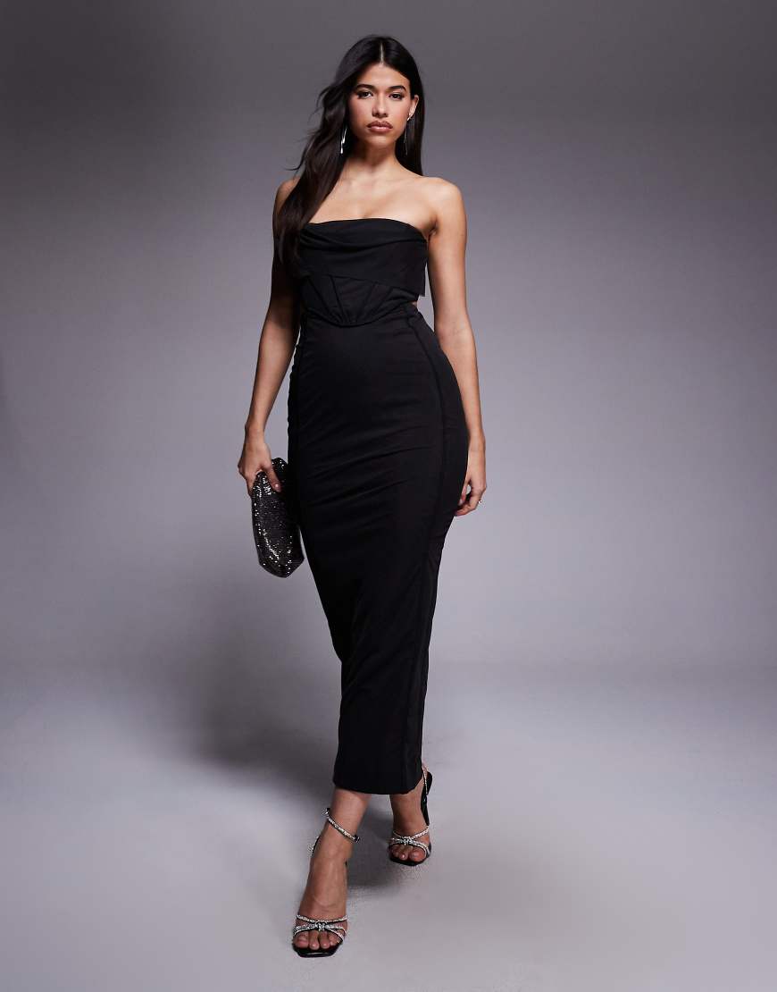 ASOS DESIGN - Trägerloses Korsett-Maxikleid aus neoprenartigem Material in Schwarz mit drapiertem Design und Zierausschnitt an der Taille von ASOS DESIGN
