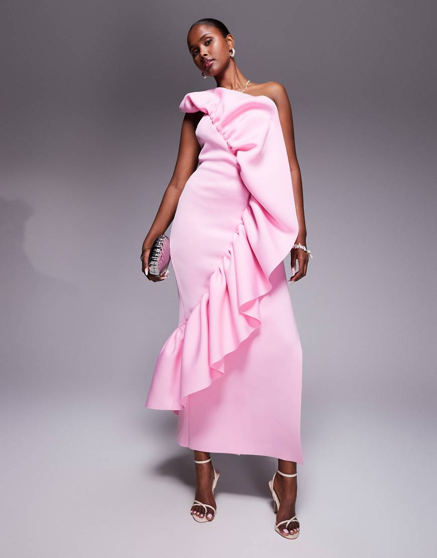 ASOS DESIGN - Trägerloses, strukturiertes Maxikleid aus neoprenartigem Stoff in Rosa mit Rüschen ASOS DESIGN - Trägerloses, strukturiertes Maxikleid aus neoprenartigem Stoff in Rosa mit Rüschen von ASOS DESIGN