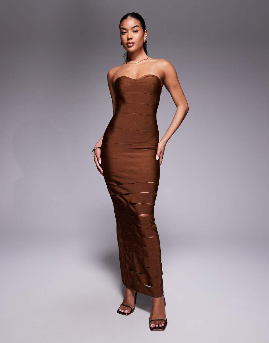 ASOS DESIGN - Trägerloses Bandagen-Midikleid in Schokobraun mit Zierausschnitten-Brown von ASOS DESIGN
