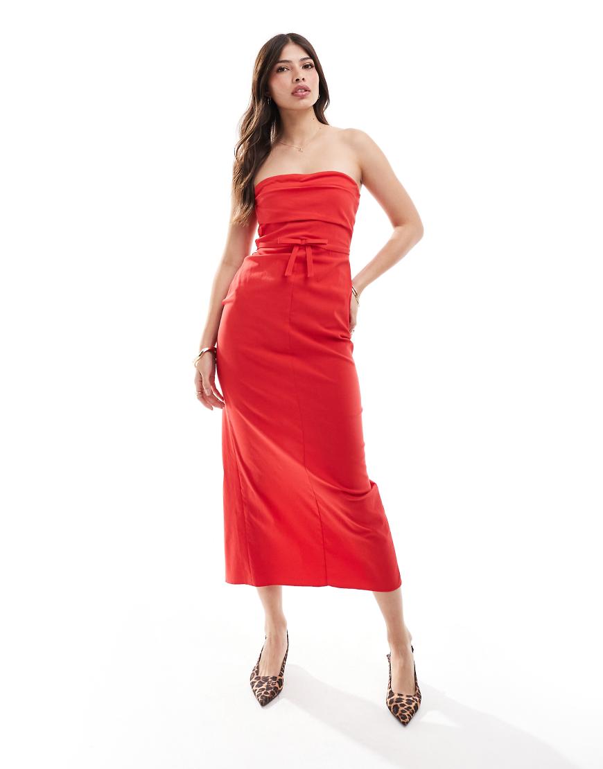 ASOS DESIGN - Trägerloses Bengaline-Midikleid in Rot mit Schleifendetail in der Taille von ASOS DESIGN