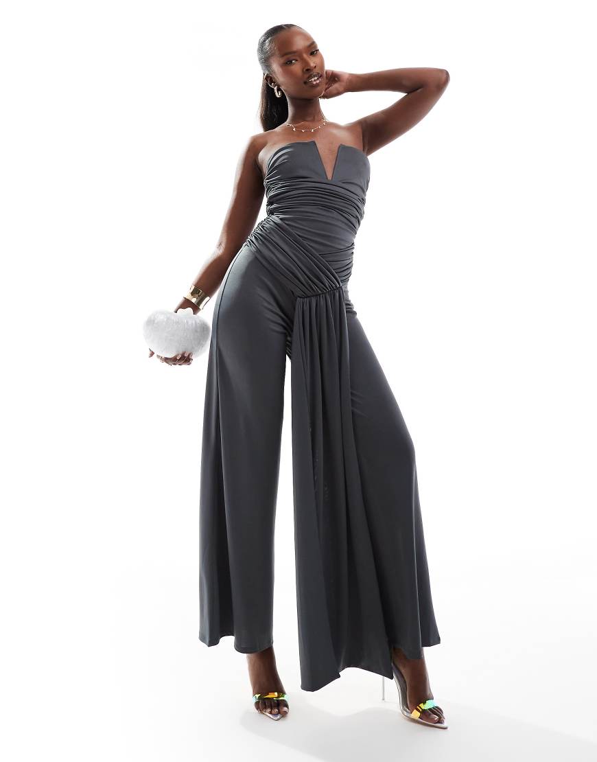 ASOS DESIGN - Trägerloses Jumpsuit in Grau mit Bindedetail und weitem Bein von ASOS DESIGN