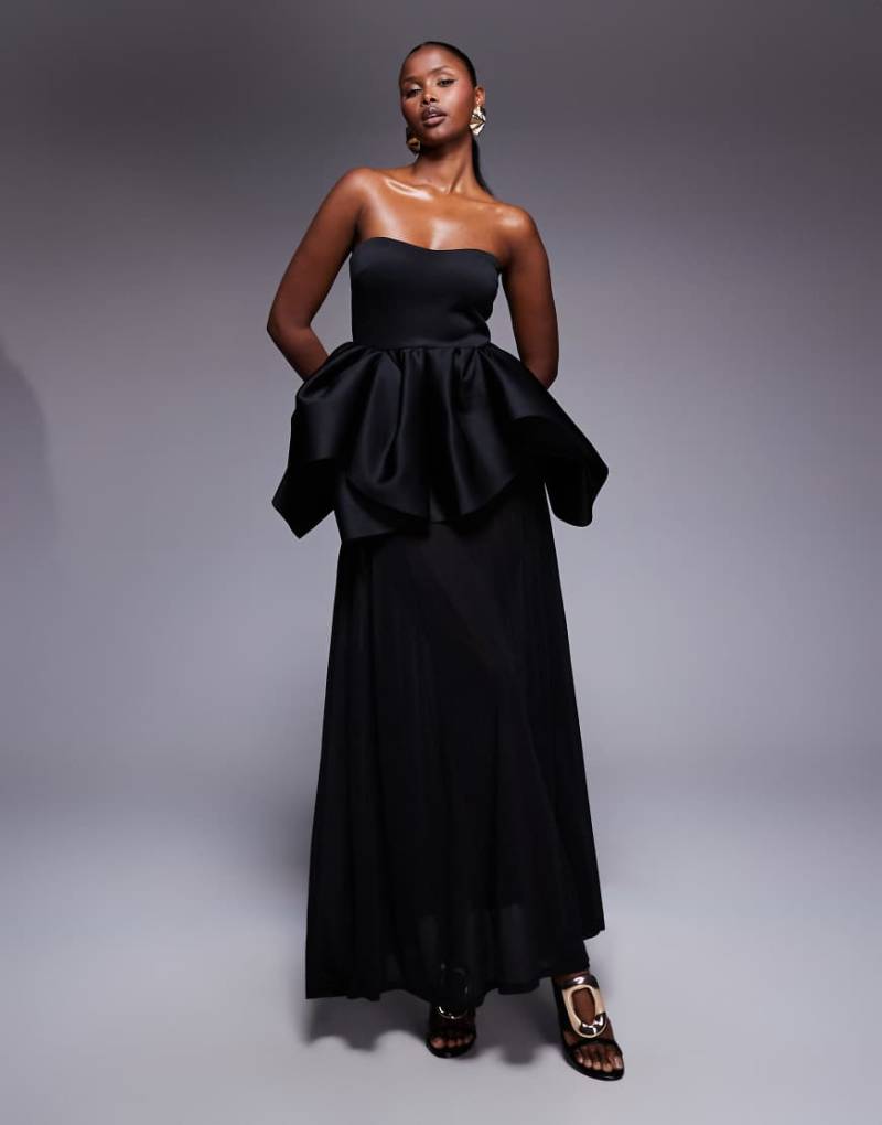 ASOS DESIGN - Premium - Trägerloses Maxikleid aus neoprenartigem Stoff in Schwarz mit transparentem Rock von ASOS DESIGN